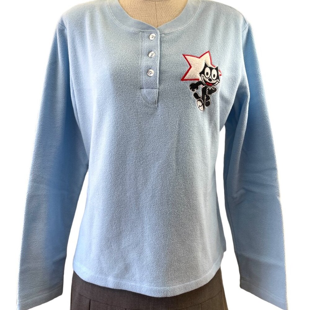 Vintage 1970's Baby Blue Plush Embroidered Felix the Cat Top Shirt Women's Sz M